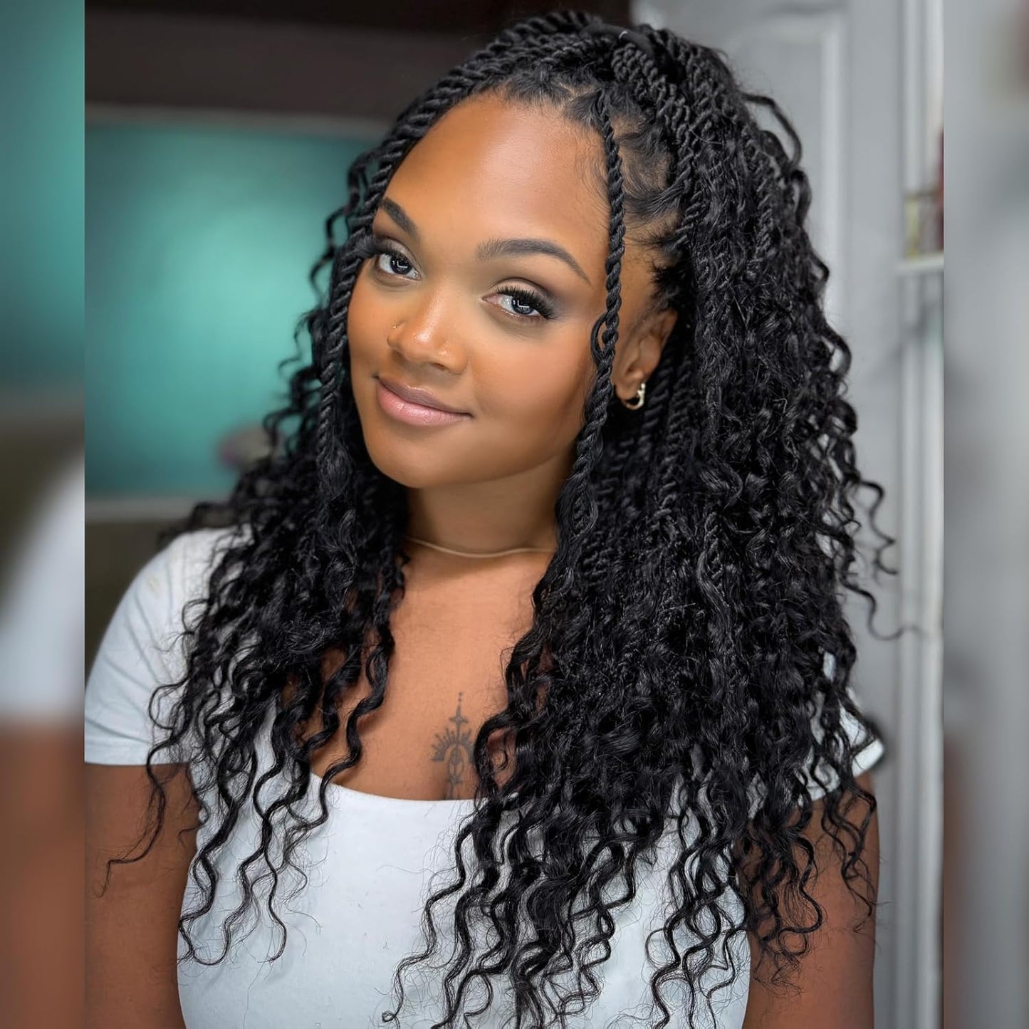 ToyoTress Boho Island Twist Human Hair Curls - 20 Inch 8 Packs Human Hair Boho Mini Twist Pre-looped Crochet Braids Natural Black Braiding Hair Extensions (20 Inch, 1B-8P)