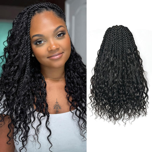 ToyoTress Boho Island Twist Human Hair Curls - 20 Inch 8 Packs Human Hair Boho Mini Twist Pre-looped Crochet Braids Natural Black Braiding Hair Extensions (20 Inch, 1B-8P)