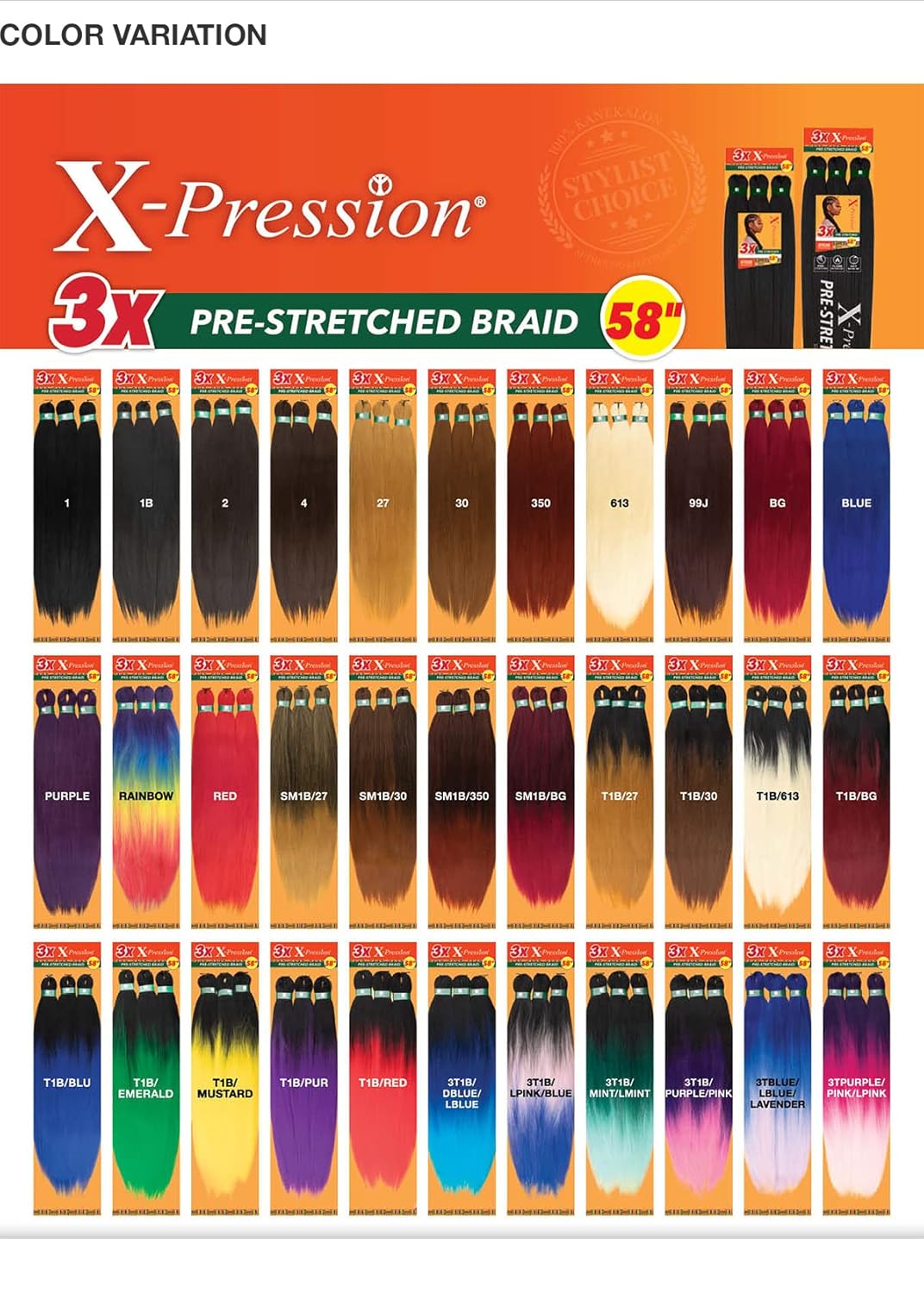 Sensationnel Xpression prestretched braiding hair - Kanekalon flame retardant smooth yaki braid hair extension 6X 58 inch (Color:1B OFF BLACK)