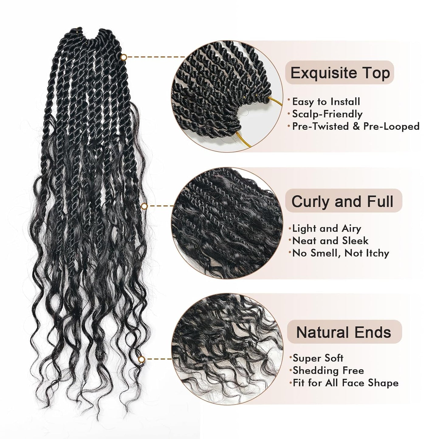 ToyoTress Boho Island Twist Human Hair Curls - 20 Inch 8 Packs Human Hair Boho Mini Twist Pre-looped Crochet Braids Natural Black Braiding Hair Extensions (20 Inch, 1B-8P)